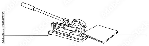 Single line art of a professional manual tile cutter tool slicing a ceramic tile