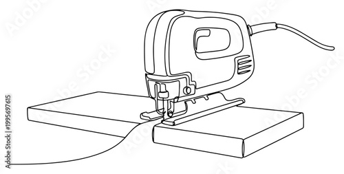 Continuous one line drawing of an electric jigsaw cutting through a wooden board