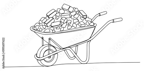 Single line art of a heavy duty wheelbarrow filled with construction bricks
