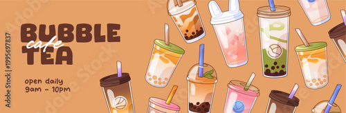 Advertising banner of bubble tea cafe. Promotion design with soft drinks with tapioca. Template with glasses of beverages, cocktails, milkshakes and coffee with bobas. Flat vector illustration