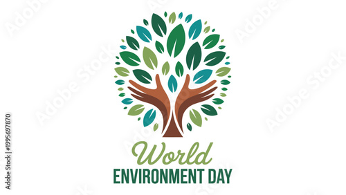 World Environment Day eco tree logo with green leaves and human hands nature conservation concept modern minimalist illustration for awareness banner poster template