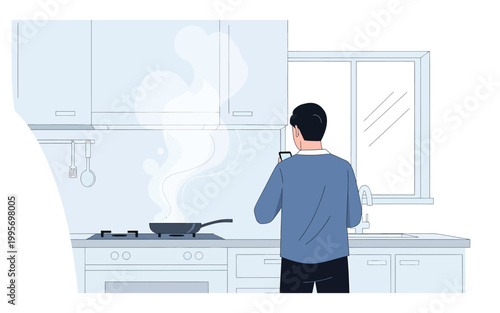 Man cooking at stove while using smartphone.