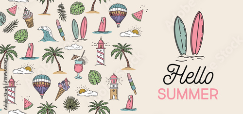 Hello Summer, pattern with air balloon, palm, surfboard and wave, hand drawn illustration.	

