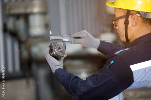 A close-up machinist measuring metal part with caliper on lathe machine in factory workshop, performing precision inspection for mechanical manufacturing and quality control use.