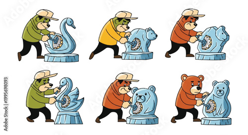 Cartoon bears carving ice sculptures swan and bear figures in vibrant color variations