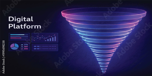 Digital Platform Funnel Visualization with Analytics Dashboard Neon Gradient Technology Background Business Data Interface Concept