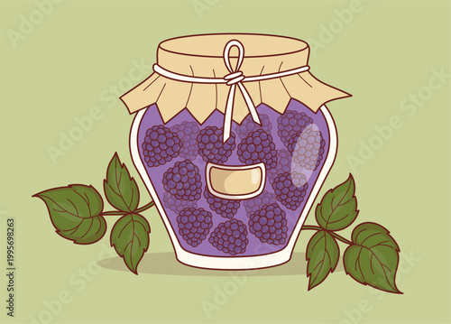 Jar of Homemade Blackberry Jam with Blank Label. Forest Berry Fruit Preserve with Leaves on Green Background. Eco-friendly Natural Rustic Kitchenware Element. Vector Illustration.