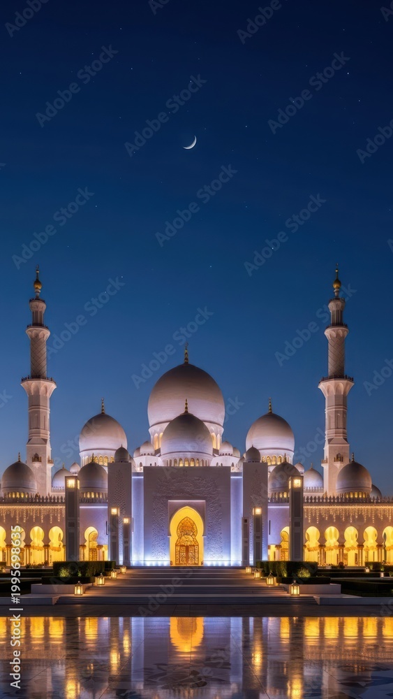 Obraz premium Grand mosque at dusk illuminated architecture silhouette reflection