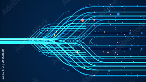 Glowing blue data stream lines expanding from a source into fast flowing particles, representing big data processing, analytics, and high speed digital transmission