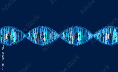 Glowing digital DNA wave with colorful data particles forming genome structure, representing biotechnology, genetic data analysis, and scientific innovation, ideal for medical and technology design.