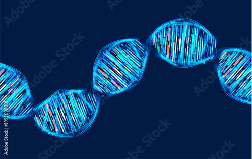 Glowing digital DNA wave with colorful data particles forming genome structure, representing biotechnology, genetic data analysis, and scientific innovation, ideal for medical and technology design.