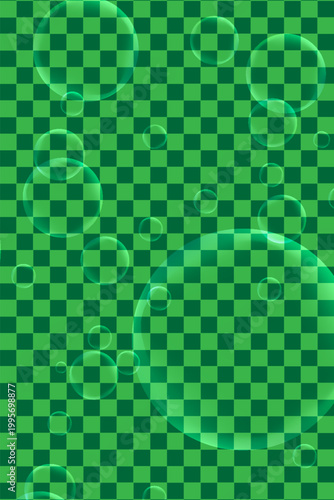 Realistic Water Bubbles on Transparent Green Background. Vector Glossy Soap or Soda Bubbles for Fresh Nature and Lime Concept. Vector Illustration