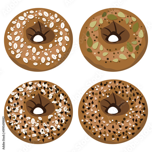A collection of vector illustration four whole-grain bagels from top view. Each bagel is topped with variety of healthy seeds and grains, including rolled oats, pumpkin seeds, and sunflower seeds
