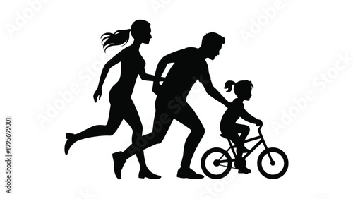 Family running with child riding bicycle silhouette illustration active lifestyle parenting concept outdoor fun healthy living minimal black graphic design template
