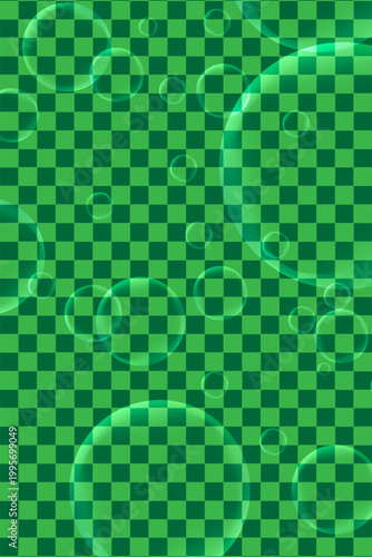 Realistic Water Bubbles on Transparent Green Background. Vector Glossy Soap or Soda Bubbles for Fresh Nature and Lime Concept. Vector Illustration
