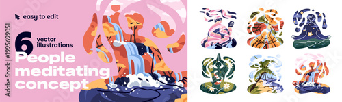 Concept of meditation. Set of abstract people silhouettes in yoga asanas with landscapes. Retreat and harmony with nature. Zen in lotus pose. Flat isolated vector illustrations on white background