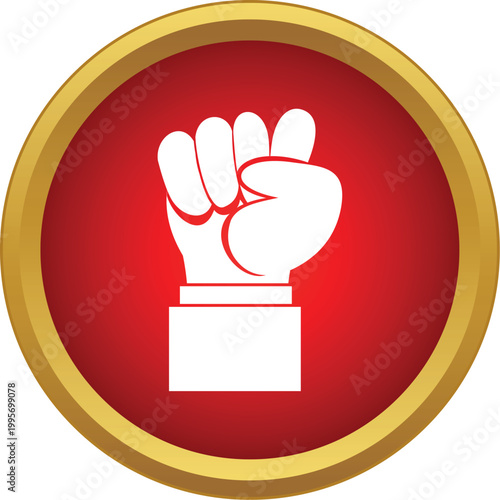 Clenched hand representing power, resistance, and revolution inside a red and gold circle