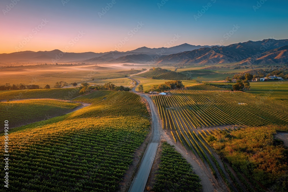 Naklejka premium Dawn light over rolling vineyard landscape with geometric grapevine patterns