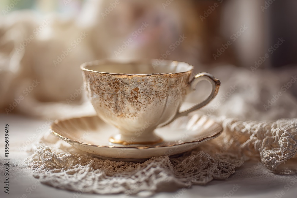 Fototapeta premium Delicate teacup with saucer photographed on lace and linen, soft shadows, muted tones