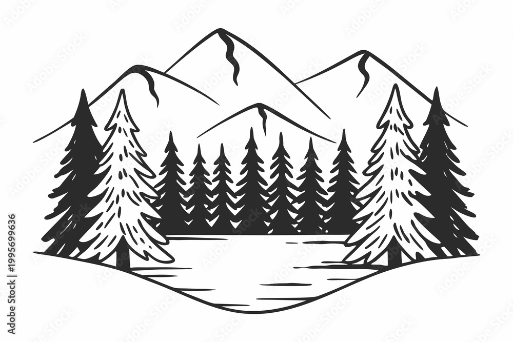 Obraz premium Black and white mountain landscape, forest silhouette, pine tree vector, scenic mountain range
