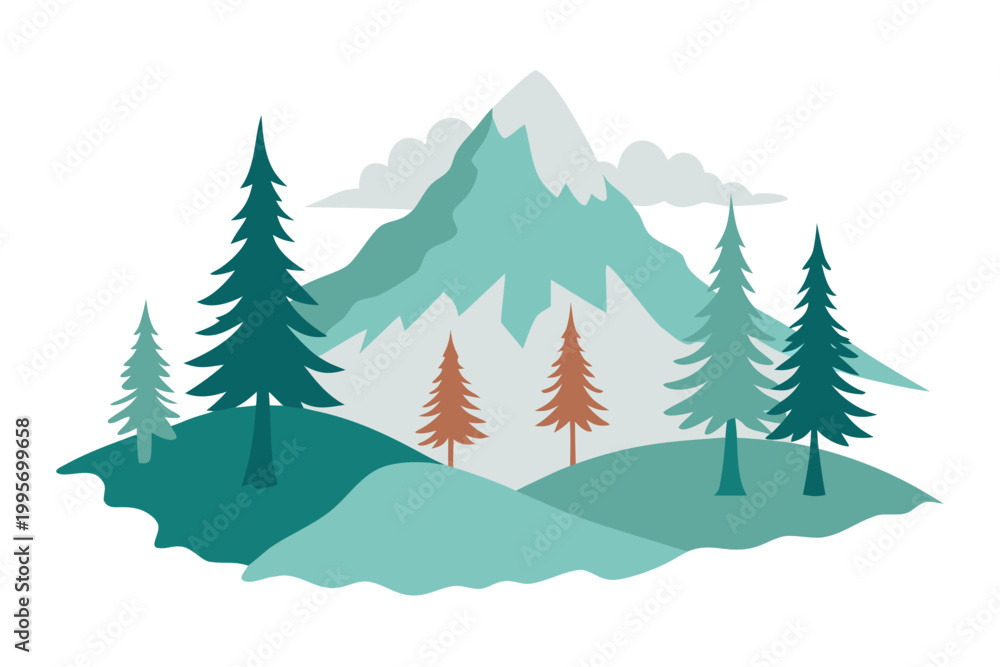 Fototapeta premium Mountain landscape, nature scenery, vector illustration, colorful trees