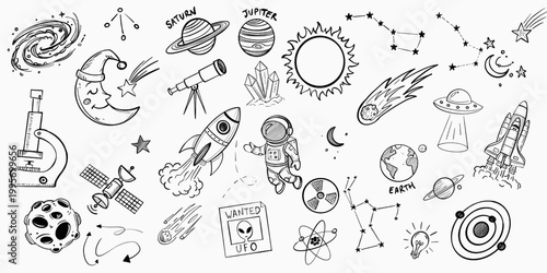 A detailed collection of hand-drawn space and astronomy sketches on a white background, featuring astronauts, rockets, planets, stars, galaxies, telescopes, and various celestial and science icons.