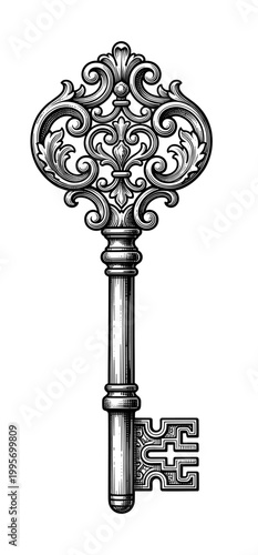 Ornate Vintage Key with Filigree Handle. Hand drawn vintage engraved, vector illustration.