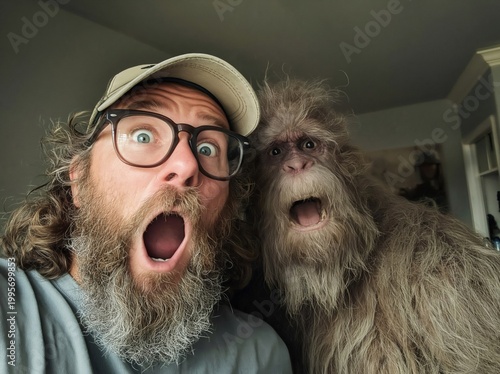 Funny selfie of surprised man with ape-like creature