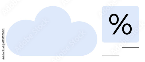 Cloud technology, data storage, analytics tools, information monitoring, performance metrics, web services. Light blue cloud and a large percentage icon. Cloud technology and data storage focus