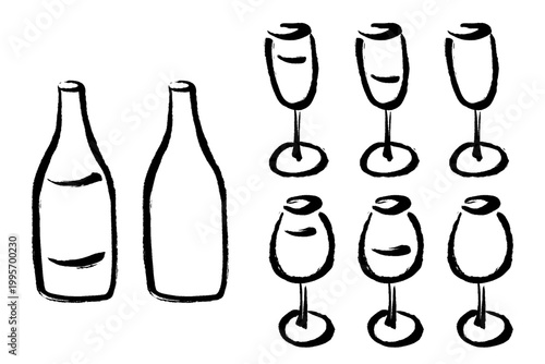 手描きのワインボトルと2種類のワイングラスのイラストセット