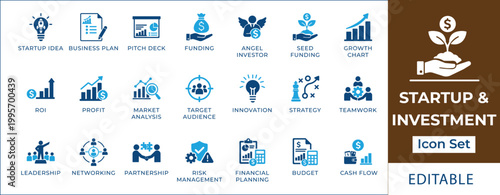 Startup and investment icon set featuring venture capital, angel investor, funding, pitch deck, ROI, financial planning, market analysis, risk management, and business growth symbols.