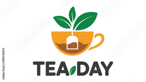 International tea day illustration with cup teabag and fresh green leaves, organic herbal drink concept healthy beverage celebration modern flat vector design