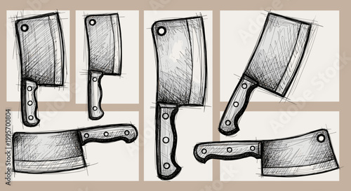 Vintage, hand-drawn, axe icons, knife illustrations, metal tools