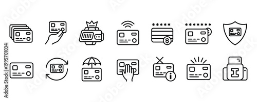 Collection of credit card icons and symbols for finance and banking concepts