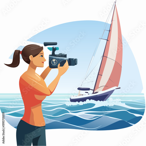 Woman filming a sailboat at sea professional vector illustration