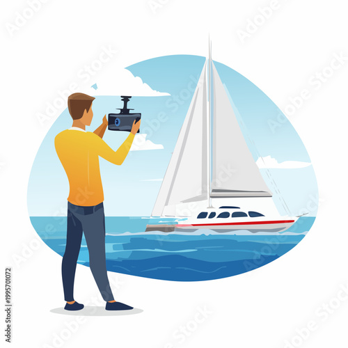 Man photographing a white sailboat at sea vector illustration