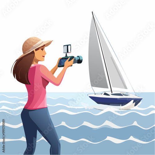 Woman filming sailboat on blue ocean waves vector illustration