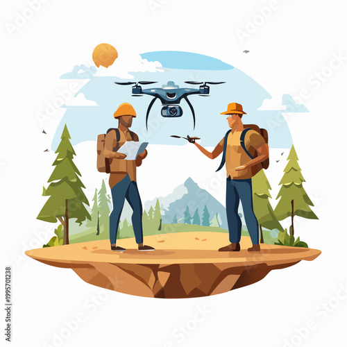 Two Men Operating a Drone in a Mountain Landscape Vector Illustration