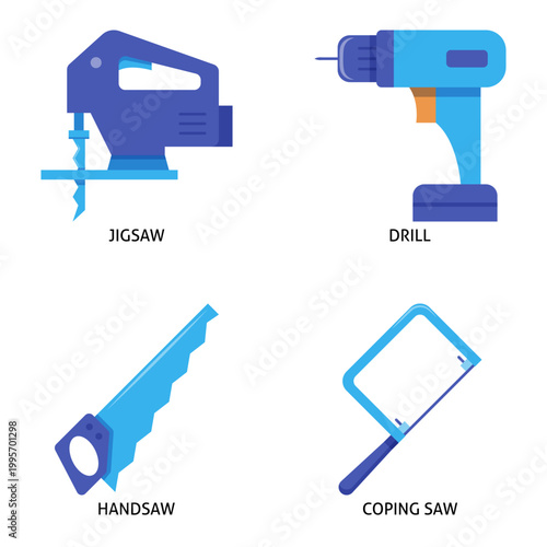 Woodwork tools flat icon set
