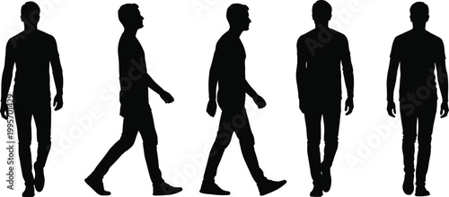 Man silhouette walking in different poses isolated on white background representing human movement, casual lifestyle, motion sequence and everyday activity concept