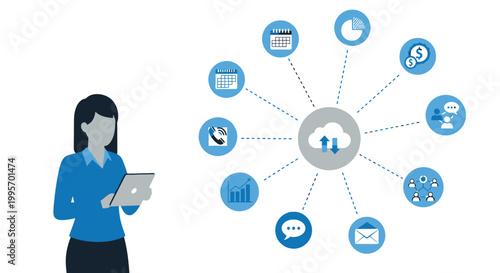 Business woman analyzing data and connecting with cloud services via tablet technology