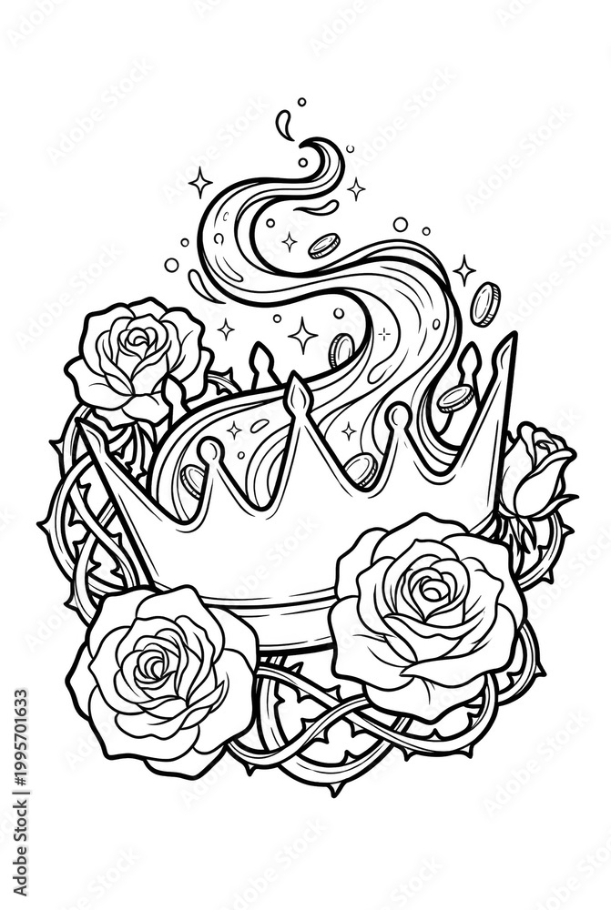 Fototapeta premium Royal crown with roses, thorns and flowing ribbon coloring page isolated on white