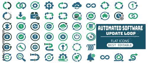 Collection of circular arrow refresh icons and technology symbols for automated software update loop concept on white background.