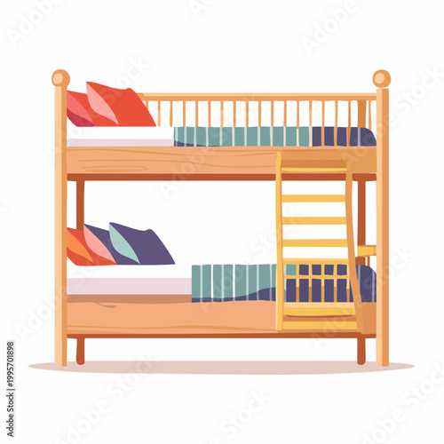 Wooden Bunk Bed with Pillows and Blankets
