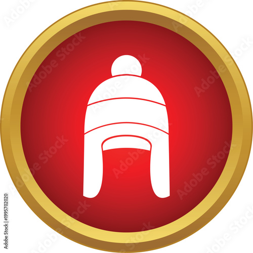 Winter hat with ear flaps and pompom on a red and gold circle icon