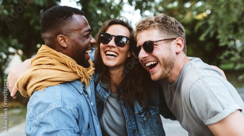 Friends Laughing Outdoors With Sunglasses Together