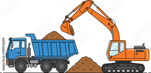 Heavy excavator loading soil into dump truck vector illustration for construction site and industrial engineering project design