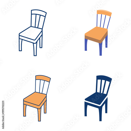 Wooden chair flat and line icon set