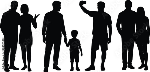 People silhouettes, family and social illustration, human interaction artwork, smartphone usage design, group character lineup, modern lifestyle scene