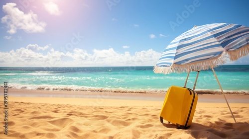 Yellow Suitcase Beach Umbrella Ocean Scene